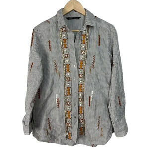 Zara Striped Embroidered Button Up Shirt Embellished Beaded Sequin Size XS Wm’s
